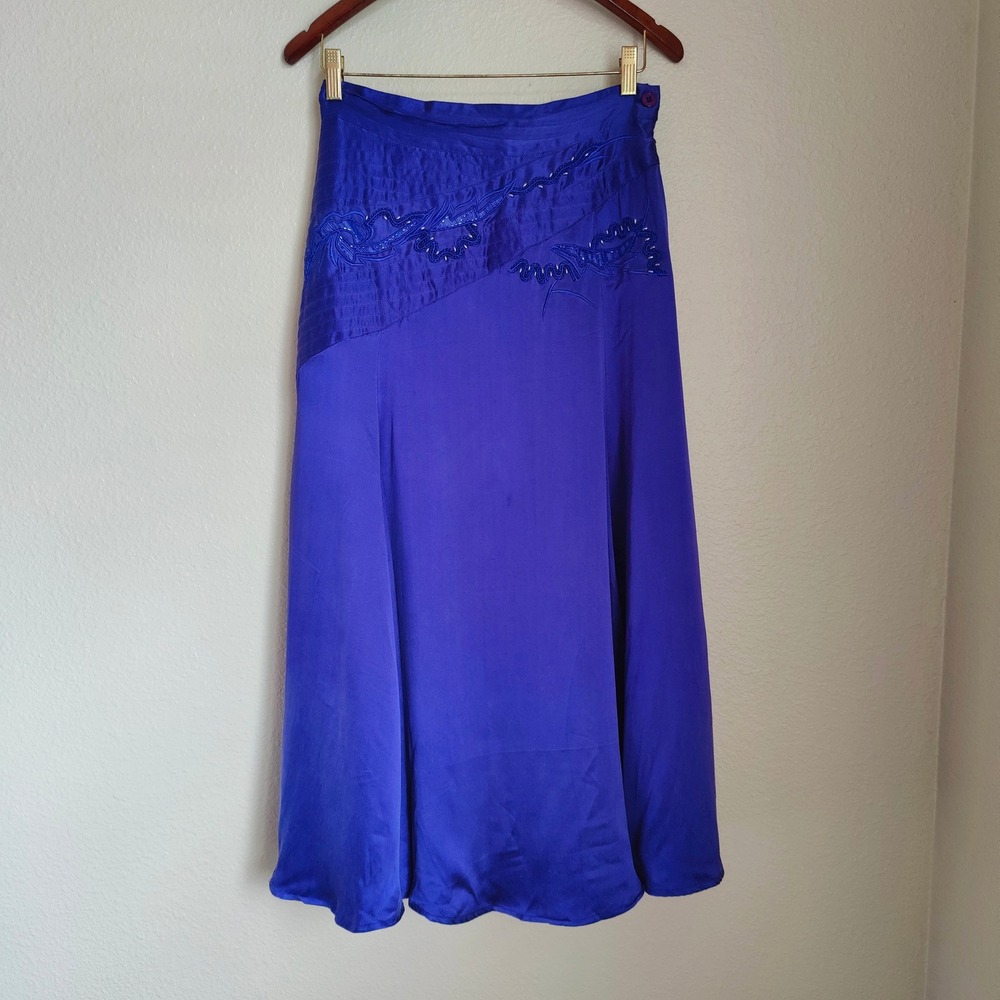 Vintage 80s EREZ 100% Silk Satin Royal Purple Beaded Soutache‎ Midi Skirt 10